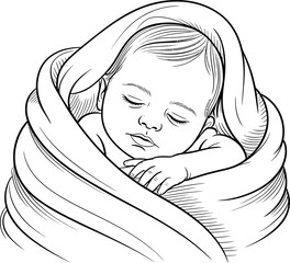 Sleeping Baby Wrapped in Blanket Line Drawing infant