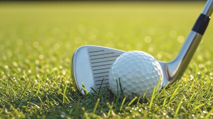 Golf ball and iron club close up on green grass with bright sunlight shining, outdoor sport scene capturing calm atmosphere and precision in early morning light for game practice and leisure activity - Powered by Adobe