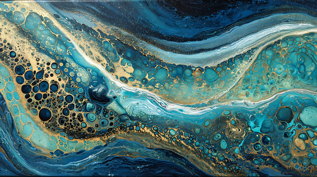 Deep ocean currents with golden veins and swirling turquoise bubbles abstract fluid art acrylic pour