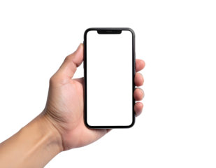 Hand holding a modern smartphone with a blank white screen Transparent PNG for app presentation and UI design