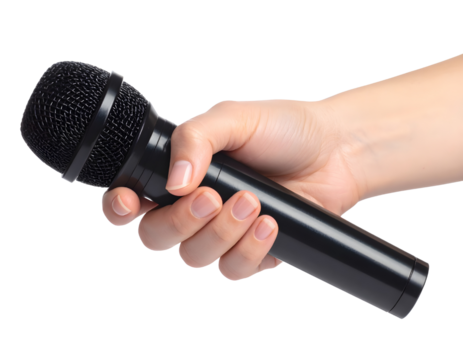 Hand holding a black microphone Transparent PNG for public speaking and audio recording