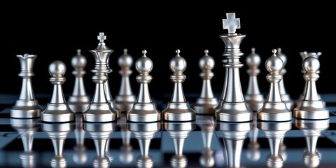 Sleek, minimalist chess pieces in metallic silver and black on a reflective surface,  metal,  design