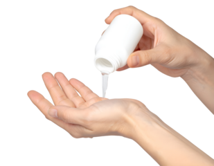Hands pouring liquid from a white bottle Transparent PNG for personal care or hygiene concepts