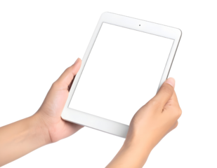 Hands holding a tablet with a blank white screen perfect for showcasing mobile app designs Transparent PNG