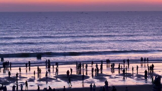 Crowd Enjoying Sunset at Cox&rsquo;s Bazar Sea Beach &mdash; Longest Natural Beach in the World