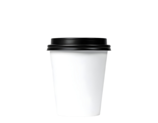 Blank white paper coffee cup with black lid disposable takeaway container for hot drinks Transparent PNG