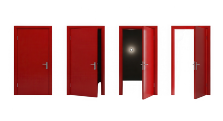 Four red doors in various stages of opening isolated on transparent background
