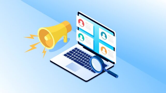 Animated isometric laptop illustrating online recruitment and hiring process