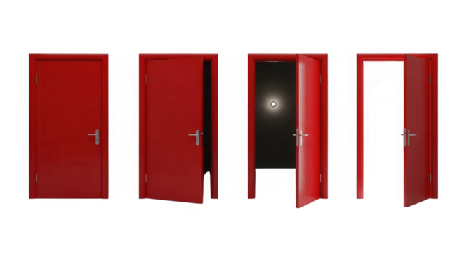 Four red doors in various stages of opening isolated on transparent background
