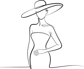 Woman in Wide- Brimmed Hat Line Drawing fashion stylish