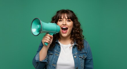 A woman with curly hair holds a megaphone to her mouth, shouting with excitement against a green background