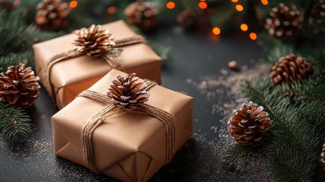 Christmas presents wrapped in rustic craft paper with pine cones and twine, set on a dark backdrop with fir branches, warm fairy lights and a dusting of snow