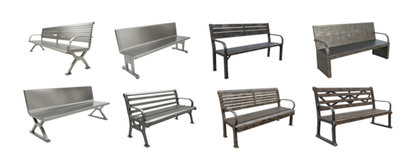 Collection of vintage park benches in various styles and materials