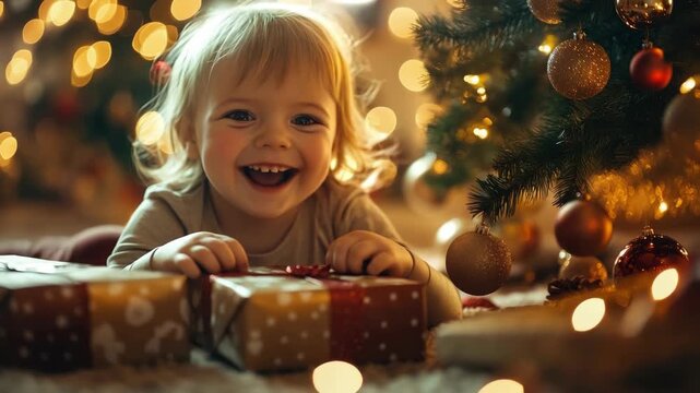 Excited young girl giggling joyfully as she unwraps gifts on Christmas morning, surrounded by a festively adorned tree and twinkling lights in a snug home environment