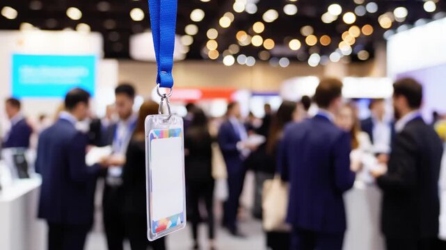 Conference Badge Hanging in Front of a Blurred Crowd of People.
