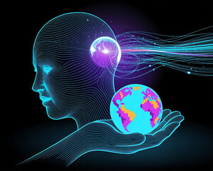 Digital human head silhouette holding glowing earth globe with abstract light streams emanating