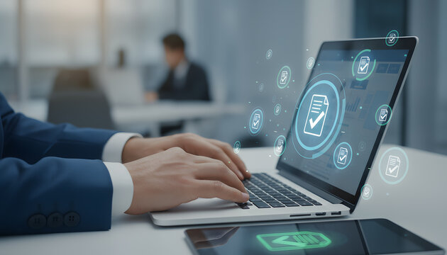 Professional businessman diligently working on laptop with digital verification icons floating around, symbolizing data security and efficient task completion in modern office
