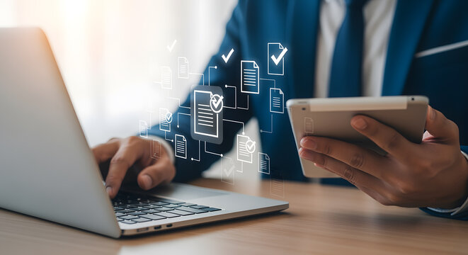 Professional businessman efficiently managing digital workflow and documents on laptop and tablet, symbolizing modern business operations and data organization.