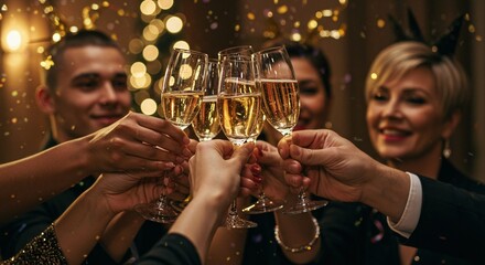 People toasting with champagne glasses at a celebration, creating a festive atmosphere with bokeh lights