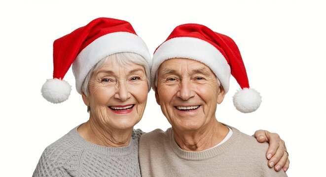 Elderly couple wearing santa hats, smiling and embracing - Powered by Adobe