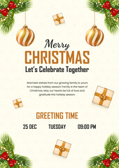 elegant merry christmas holiday party invitation, warm festive greeting card poster template, minimalist gold and white christmas background, december celebration flyer with gifts and ornaments