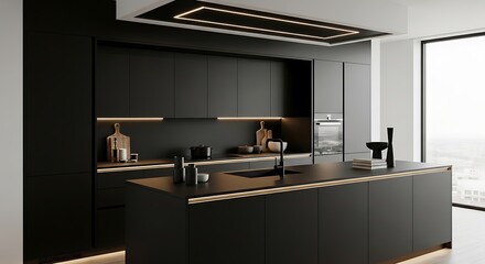Modern Black Kitchen Island with Sleek Design and Integrated Lighting.