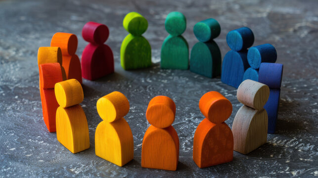 Vibrant wooden figures in a circle representing diverse teams collaborating for shared goals and innovative solutions