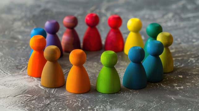Diverse team of colorful wooden figures representing community, collaboration, and unity in a modern, abstract setting