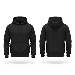 Front and back view of a blank black pullover hoodie for mockup. Isolated on white background, png 