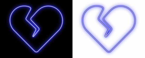 Glowing blue broken heart neon sign on black and transparent background, symbol of heartbreak and love loss in modern light art style