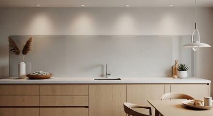 Modern Kitchen Countertop with Minimalist Design and Natural Wood Cabinets.