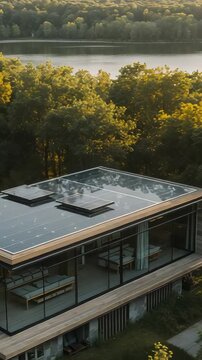 Vertical video: Drifting camera revealing glass house by lakeshore, with solar panels and skylights