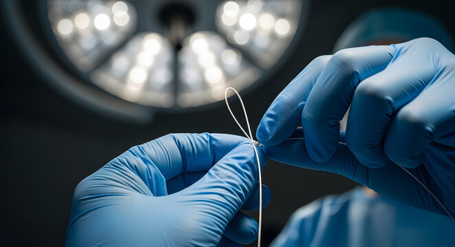 surgeon hands tying surgical knot operating room