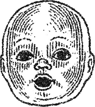 Vintage doll face front view in stipple dotwork, monochrome vector engraving with wide eye expression and open mouth