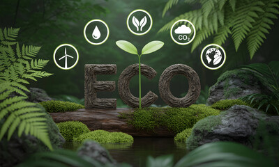 Sustainable future concept with ECO letters and nature icons in forest setting