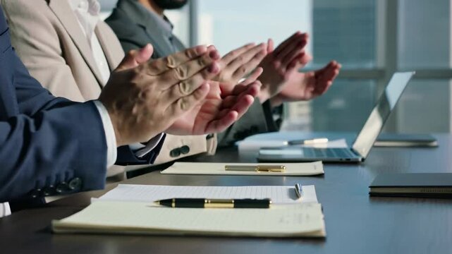 Business professionals clapping hands during a corporate meeting or presentation in modern office.