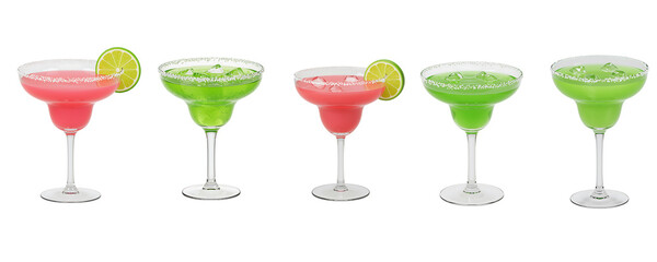 Five colorful margaritas with lime wedges on a black background