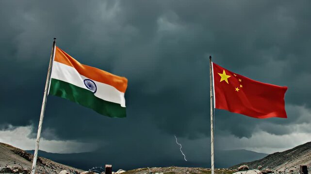India and China Flags Waving Under a Stormy Sky Symbolizing Conflict.