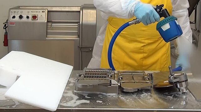 Worker in protective gear utilizes dry ice cleaning equipment to sanitize metal food processing machinery. Ice vapor surrounds parts during the midday cleaning process.
