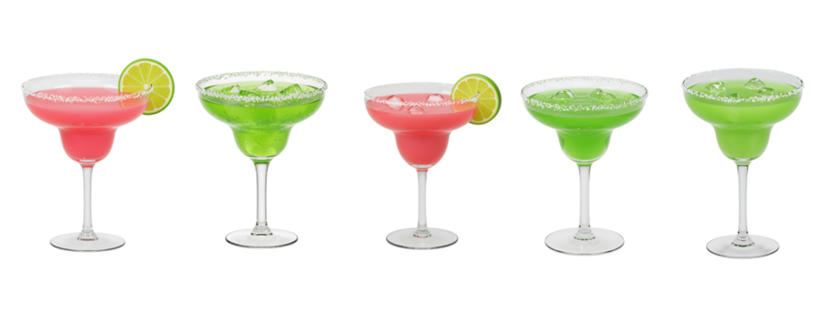 Five colorful margaritas with lime wedges on a black background