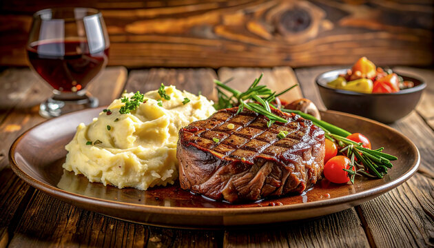 Eye-level shot of grilled ribeye steak with mashed potatoes and vegetables, on rustic wooden table