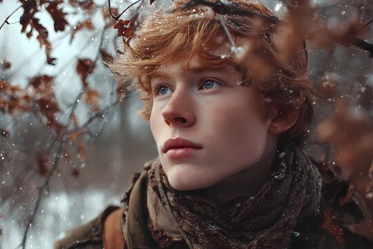 Young man with red hair gazes thoughtfully amid falling snow in a wintry forest setting