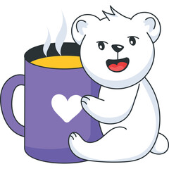 Cute cartoon polar bear cub sitting next to a large purple mug filled with hot yellow beverage and steam rising from it with a white heart graphic on the mug