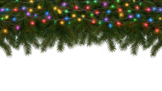 Brightly colored lights adorn lush green pine branches, AI, PNG