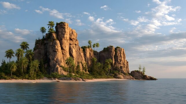A majestic tropical island with rugged rocky cliffs lush palm trees and a sandy beach bathed in the warm glow of soft afternoon sunlight over the - Powered by Adobe