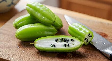 Freshly harvested green akebi fruit on a wooden cutting board.