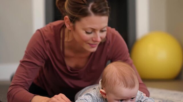 Mother supports baby postpartum recovery with infant tummy time soft mat creating nurturing calm environment happy care bonding family health