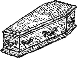 Wooden coffin perspective view in stipple dotwork, monochrome vector engraving for gothic, funeral and horror design themes