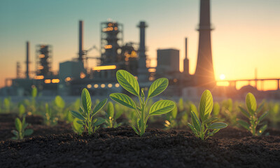Sustainable agriculture sunrise with refinery plants for environmental themes