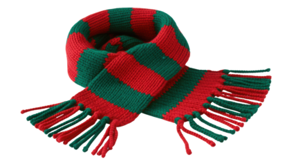 A cozy knitted winter scarf with bold red and green stripes and fringed ends isolated on transparent background